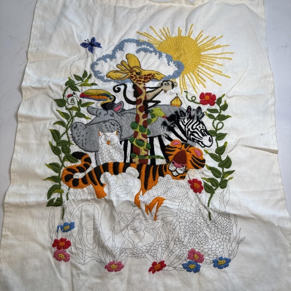 VTG 70s Baby Nursery Animal Kingdom Crewel Embroidery Zoo Safari Wall Hanging LG